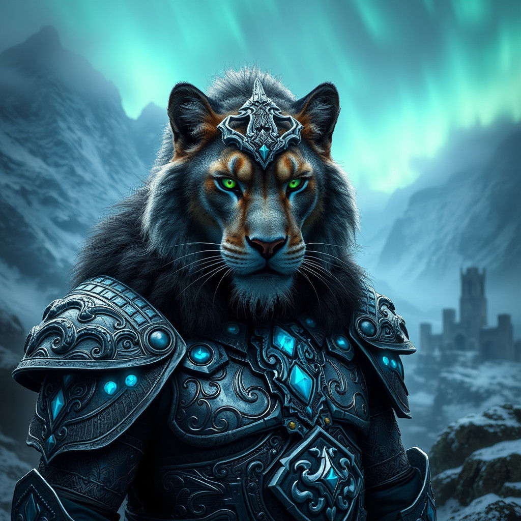 Armored Viking Mountain Lion in Nordic Landscape