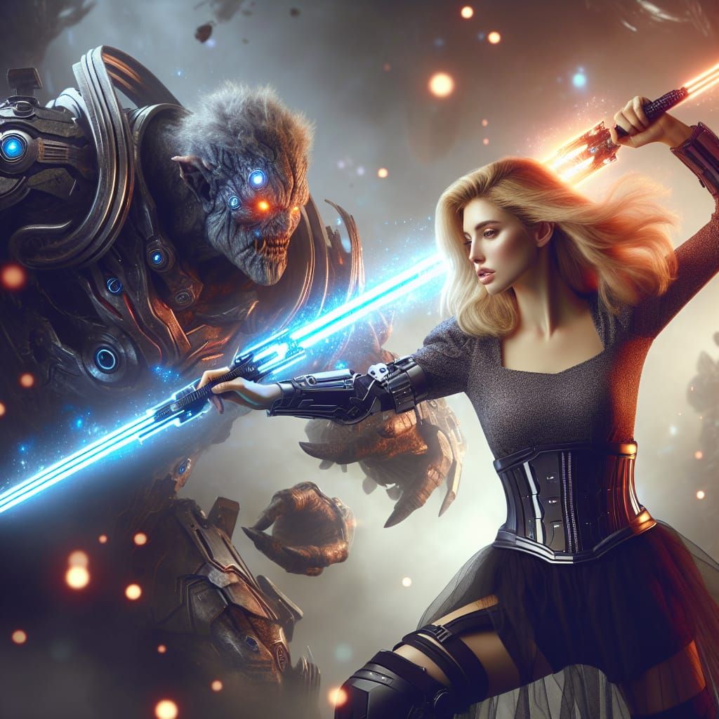 Glowing Lightsaber Duel Unfolds in Epic Sci-Fi Landscape