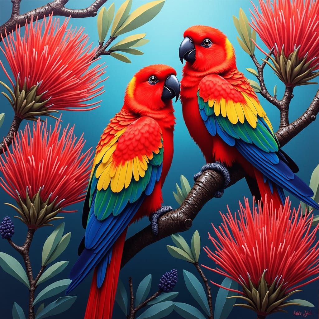 Rosella Parrots and Bottlebrush Bushes in Urban Street Art S...