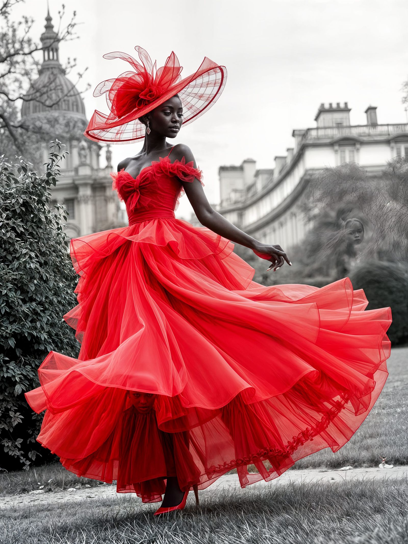 Elegant Lady in Haute Couture Red Dress Dances in Parisian P...