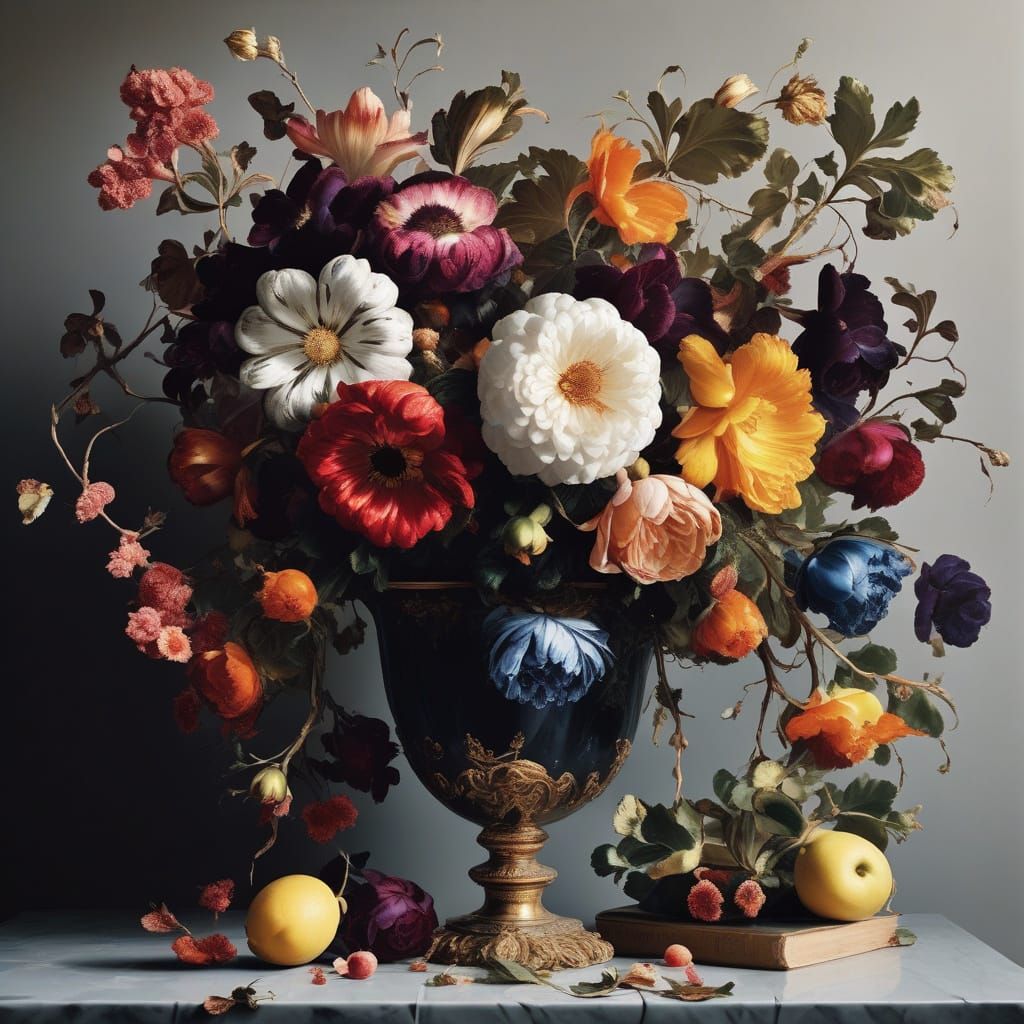 Baroque Still Life of Ornate Flowers with Dramatic Lighting