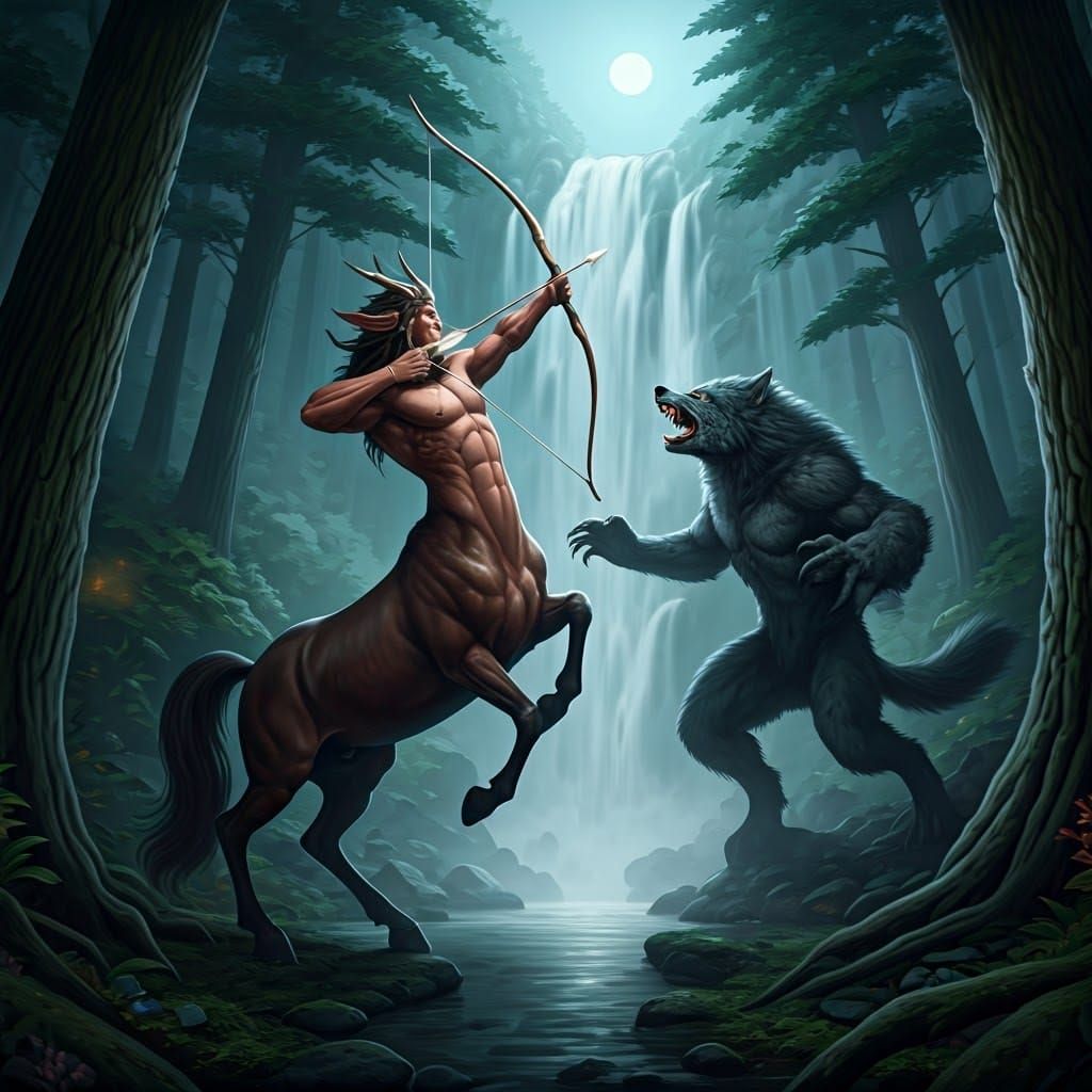 Centaur Archer Confronts Werewolf in Moonlit Forest