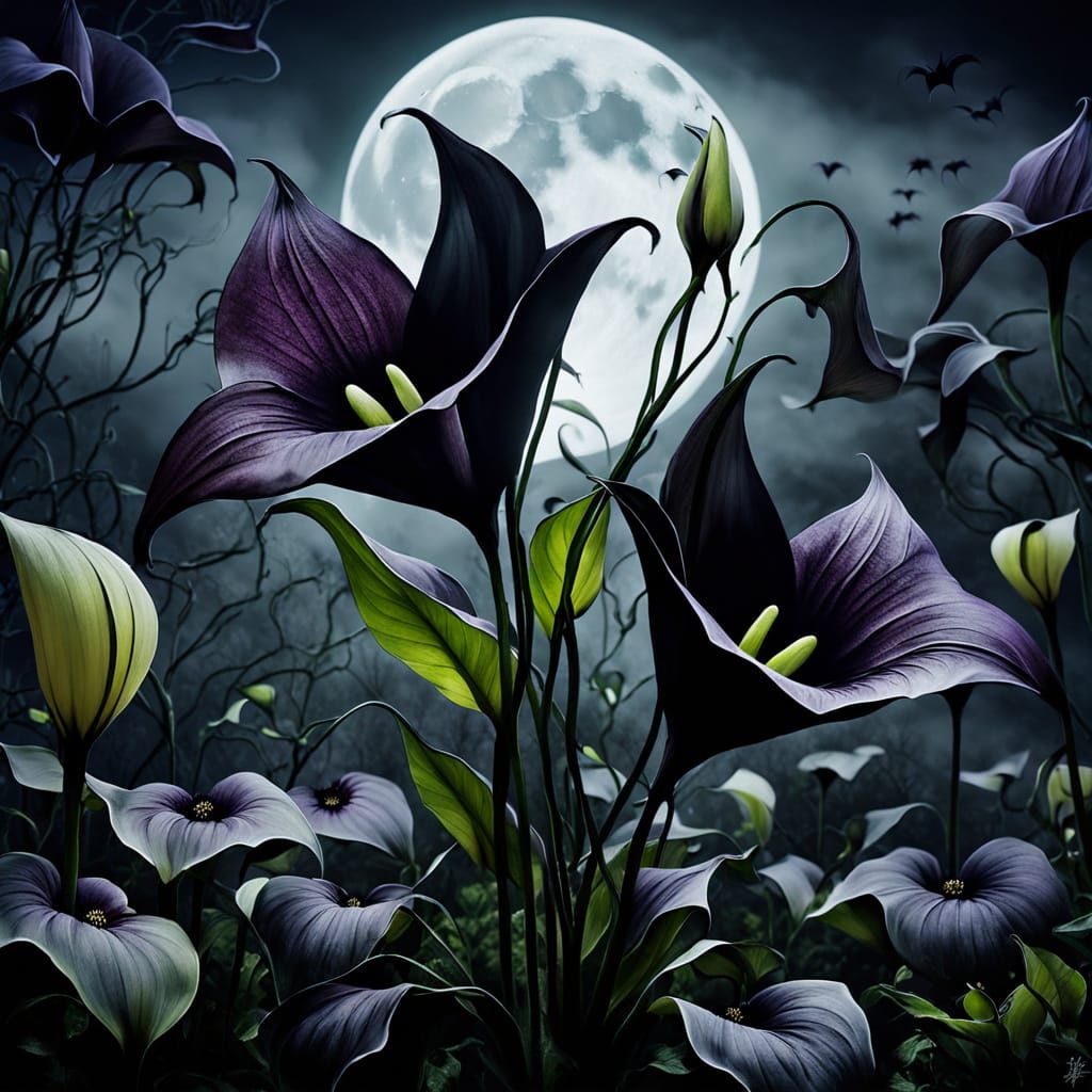 Surreal Black Bat Flower in Gothic Garden