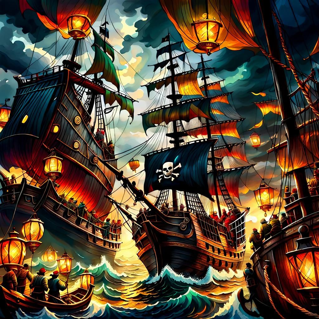 Pirate Ship Naval Battle in Ominous Storm