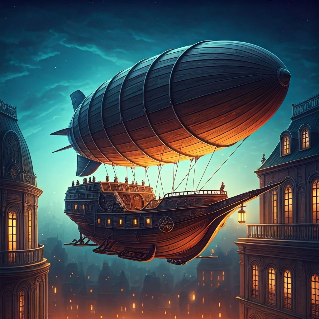 Steampunk Airship in a Magical Night Sky