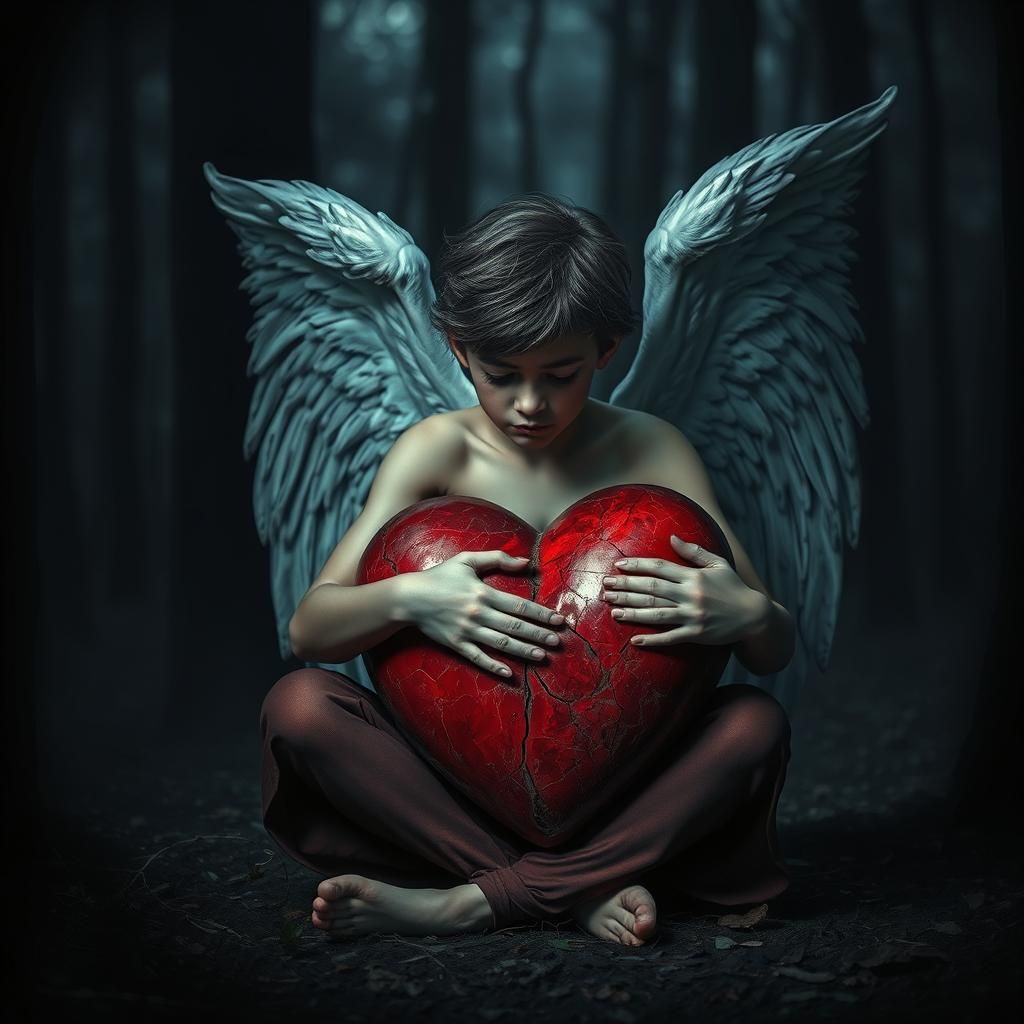 Grieving Angel Embracing Heart in Dark Fantasy Oil Painting