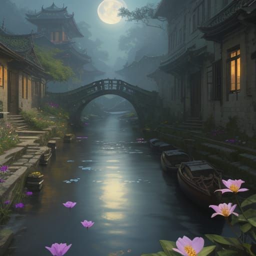 Oriental Canal with Exotic Flowers in Volumetric Lighting