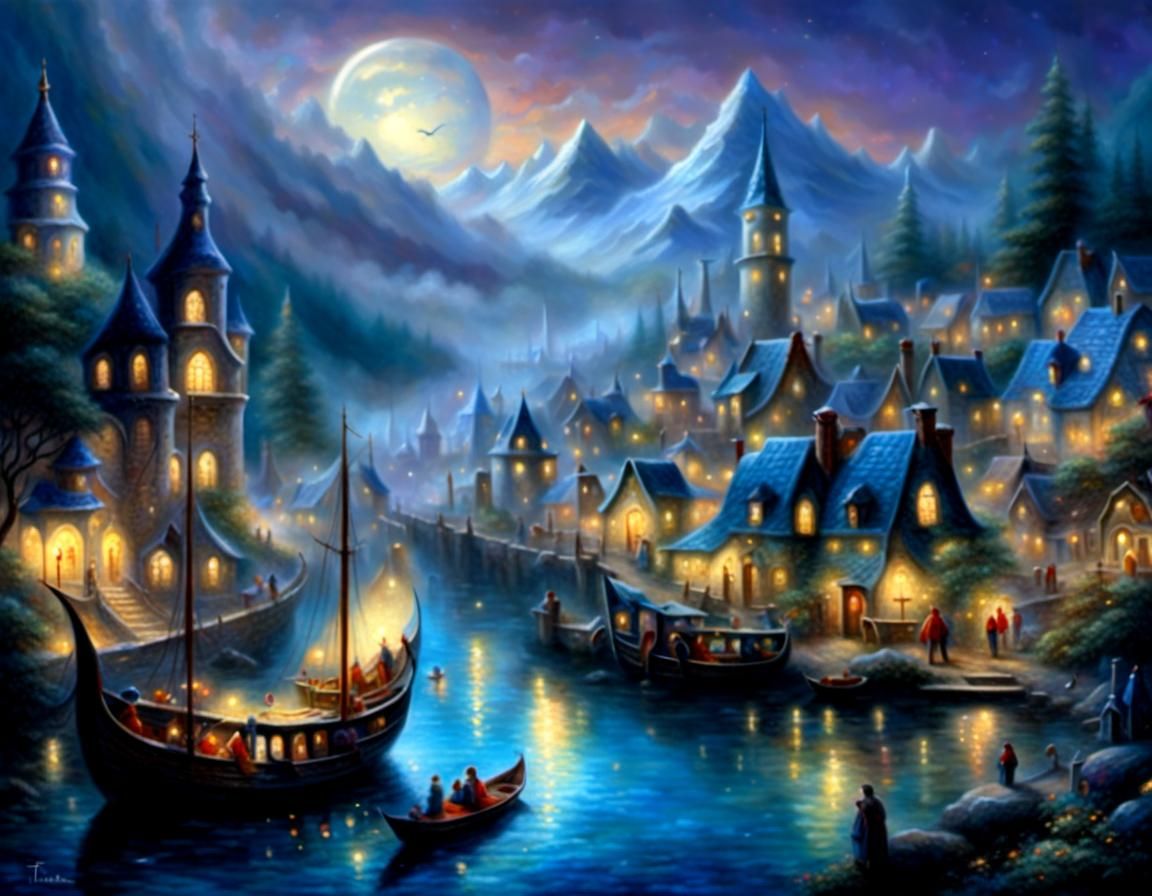 Fantastical Silver Filigree Boat Town at Night