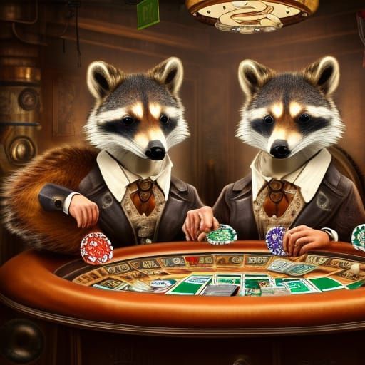 Steampunk Raccoons Play Poker in Saloon