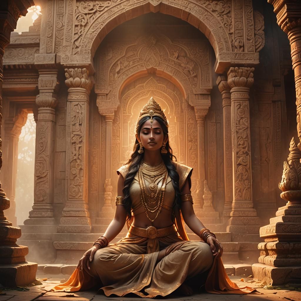 Hindu Goddess Kneeling in Ancient Temple Concept Art