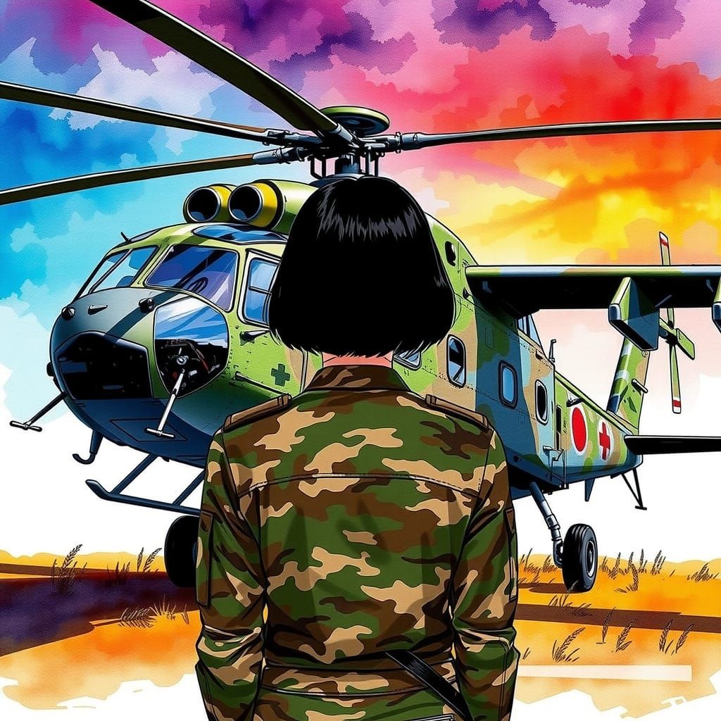 Girl Stands Confidently in Front of Camouflage MI-8 Helicopt...