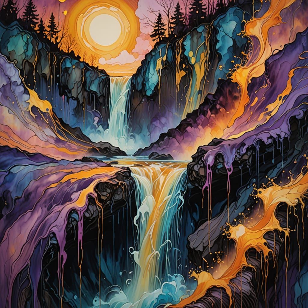 Vibrant Encaustic Waterfall in Expressive Abstract Style