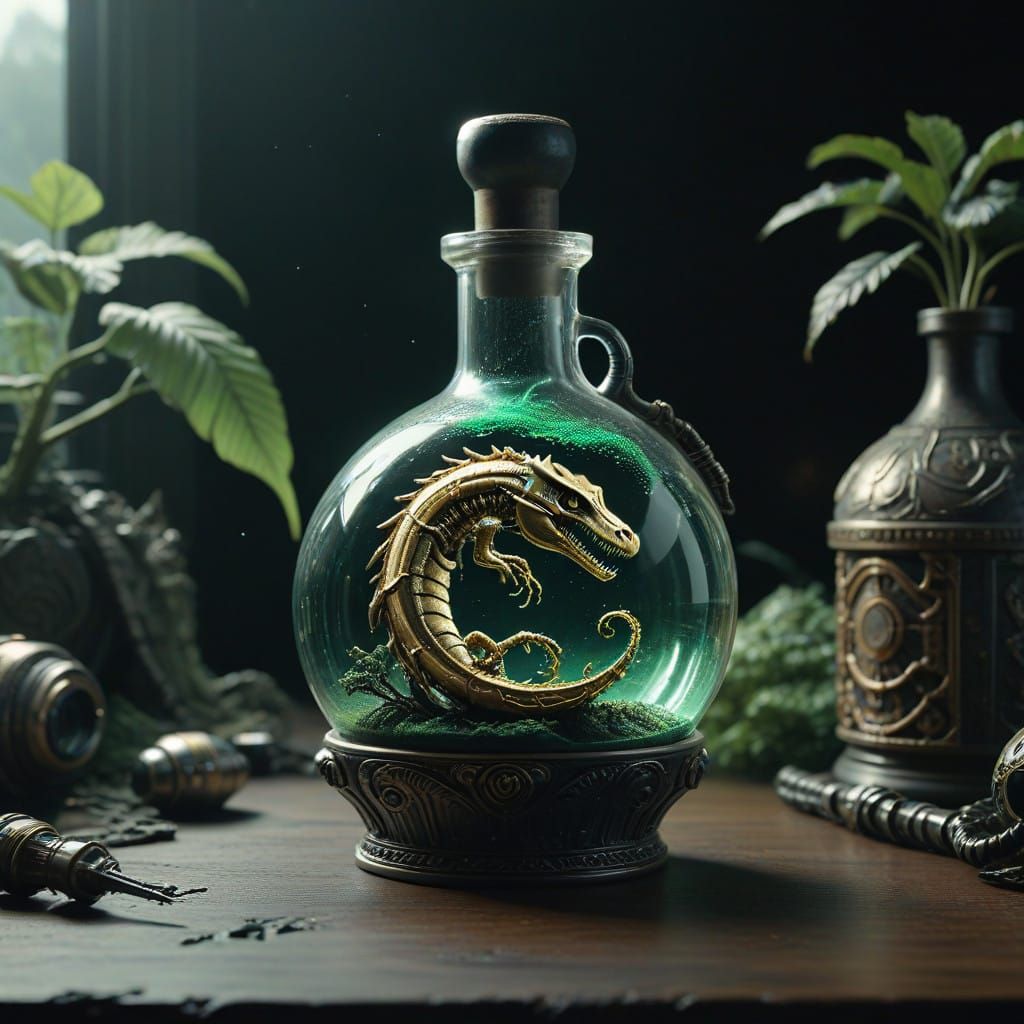 Ethereal Ouroboros and Alchemical Flask in Art Nouveau Style