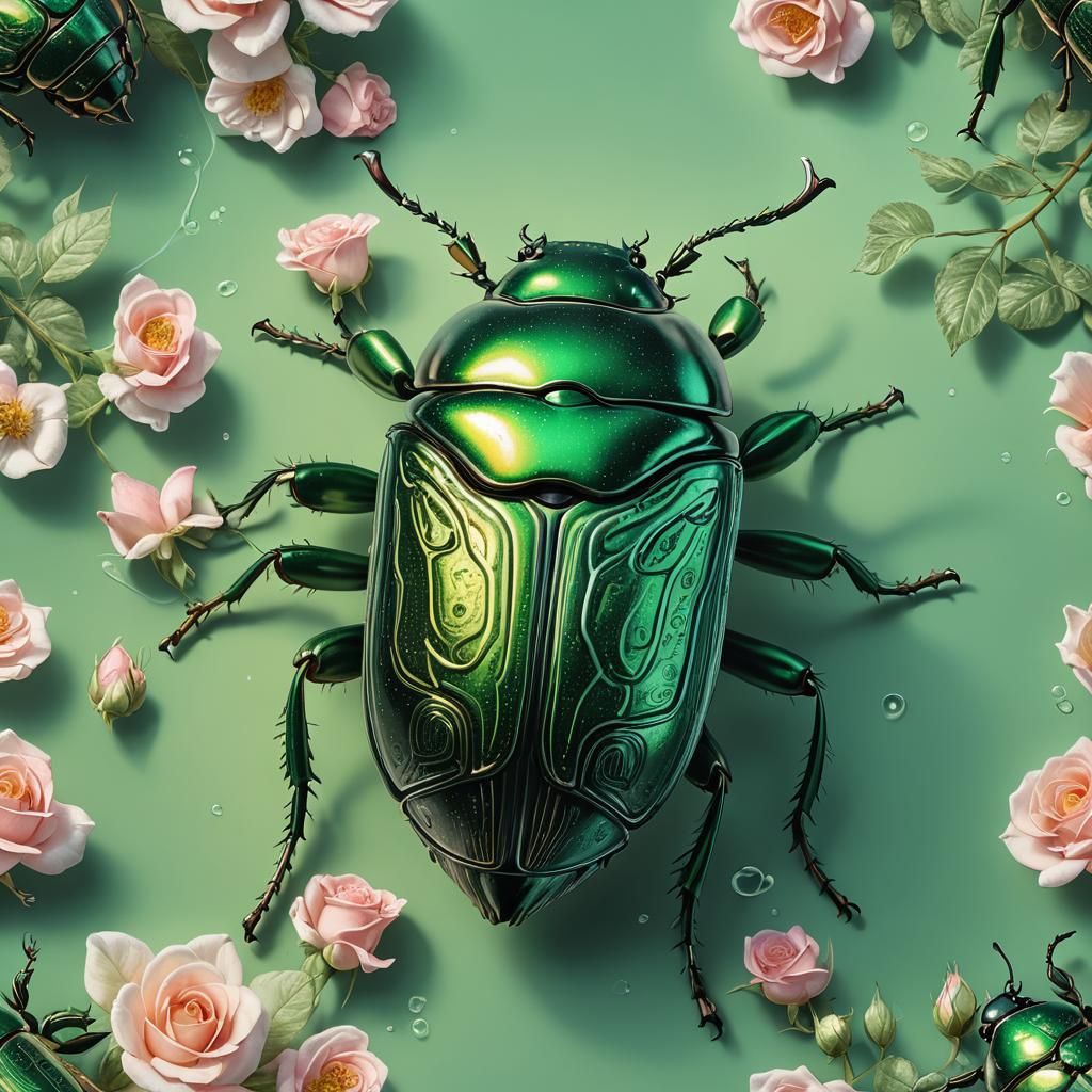 Green Luminescent Rose Chafer in Hyperrealistic Detail