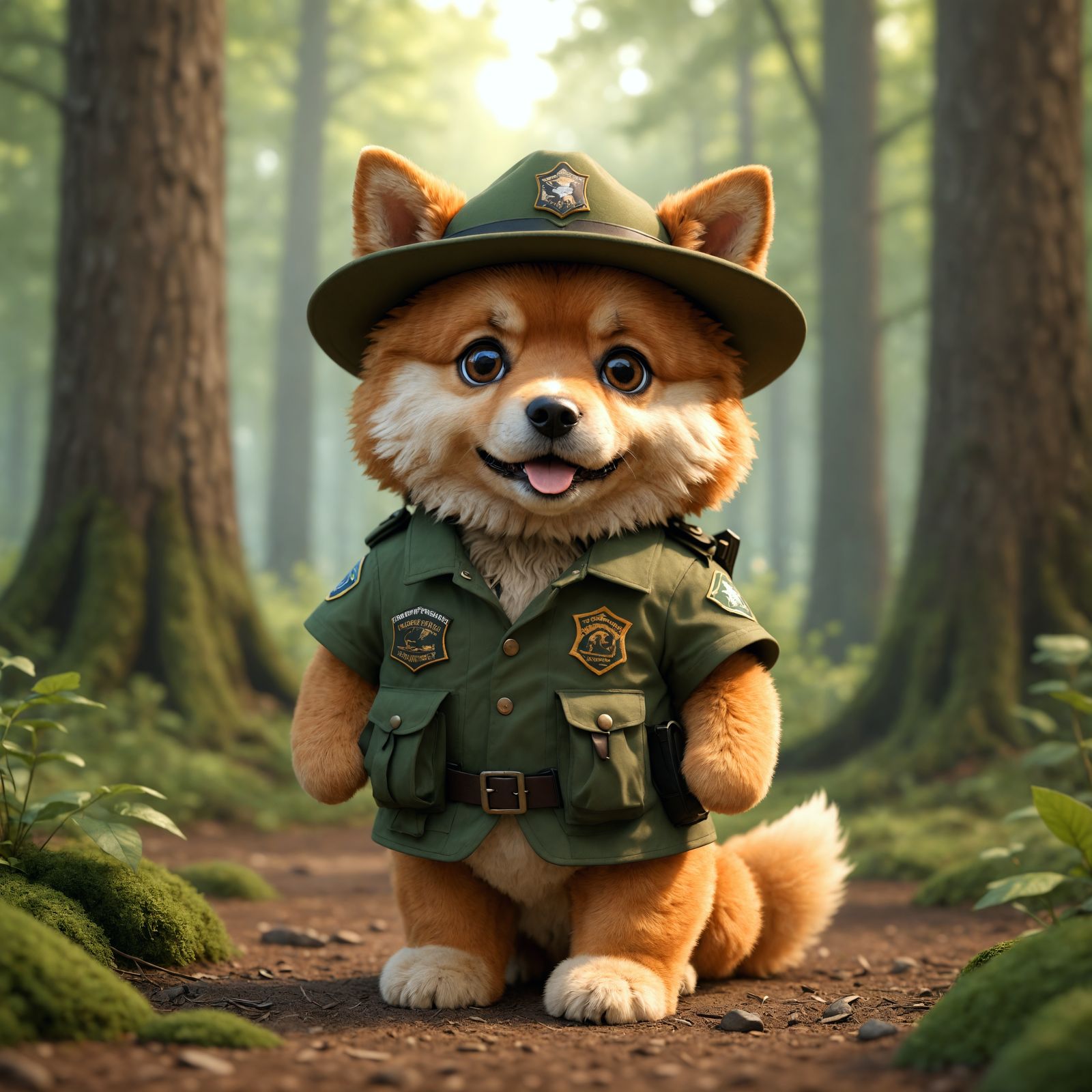 Adorable Fluffy Dog Park Ranger in Forest