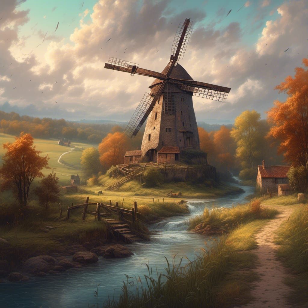 Medieval Windmill in Hyperrealistic Landscape
