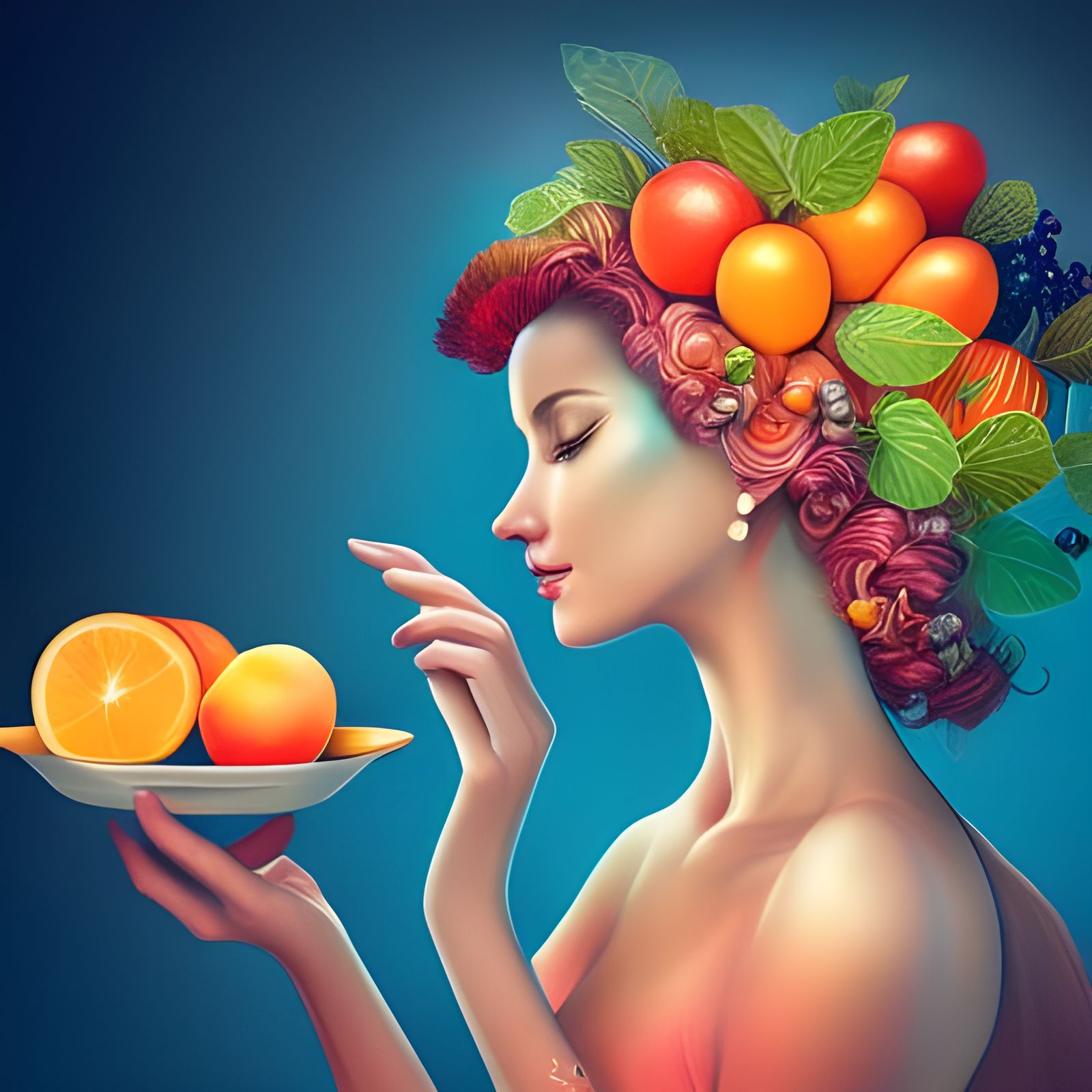 Surreal Woman with Fruit Hair Digital Artwork