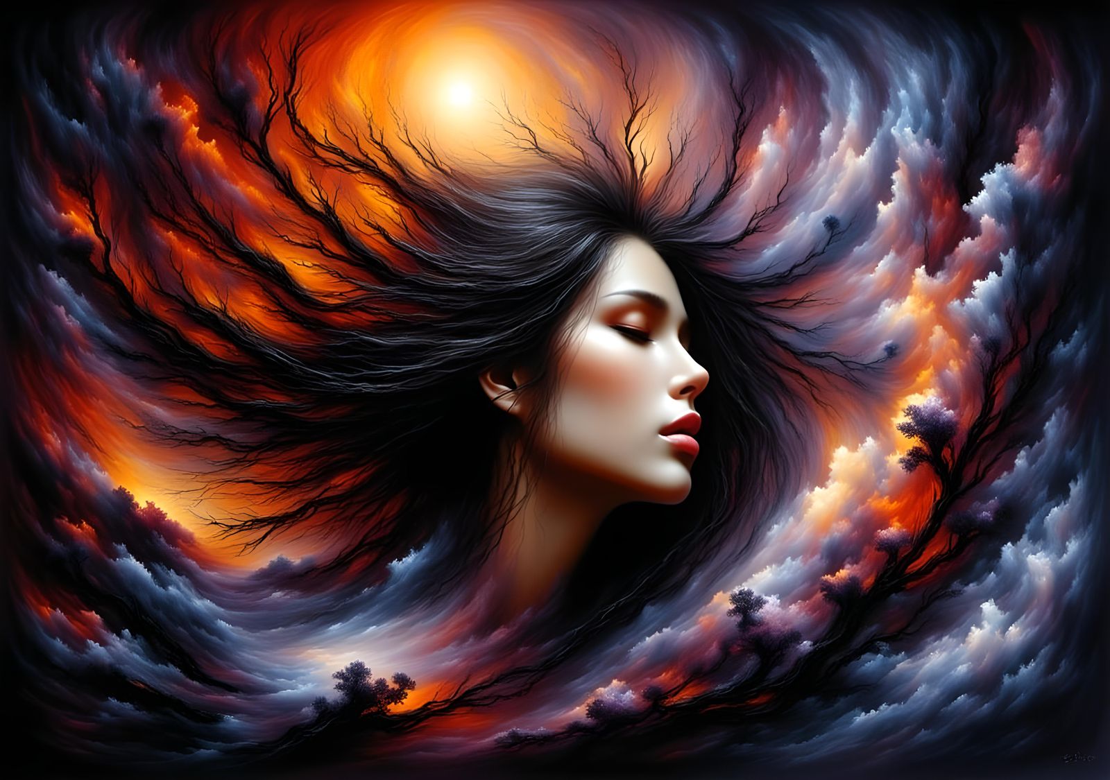 Abstract Woman with Flowing Hair: Impasto Oil Painting