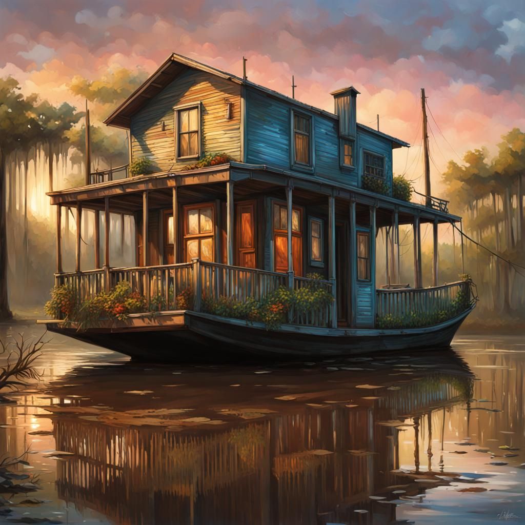 Houseboat in Louisiana Swamp: Hyperrealistic Splash Art