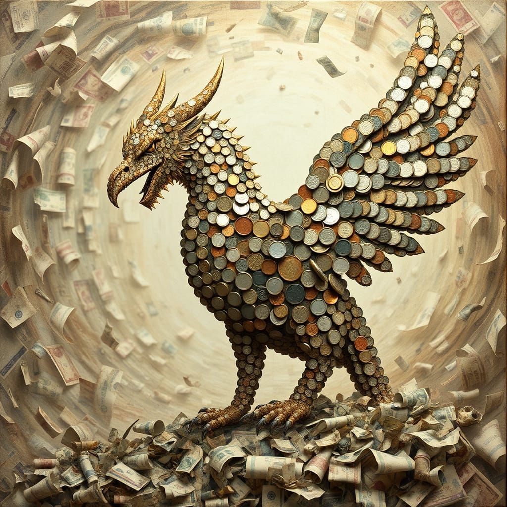 Mythical Creature Mosaic Made of Coins in Ethereal Vortex