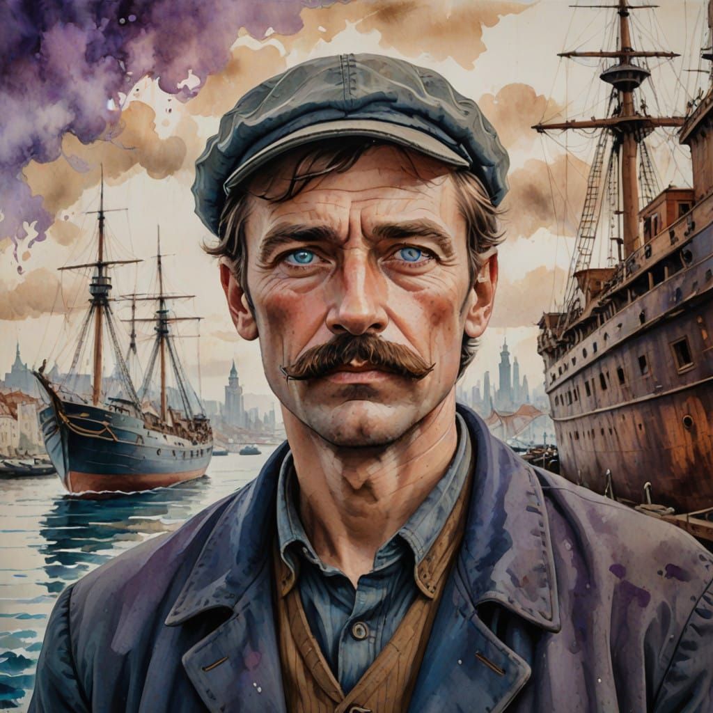 Aged Sailor Stands Majestically Before a Vintage Vessel