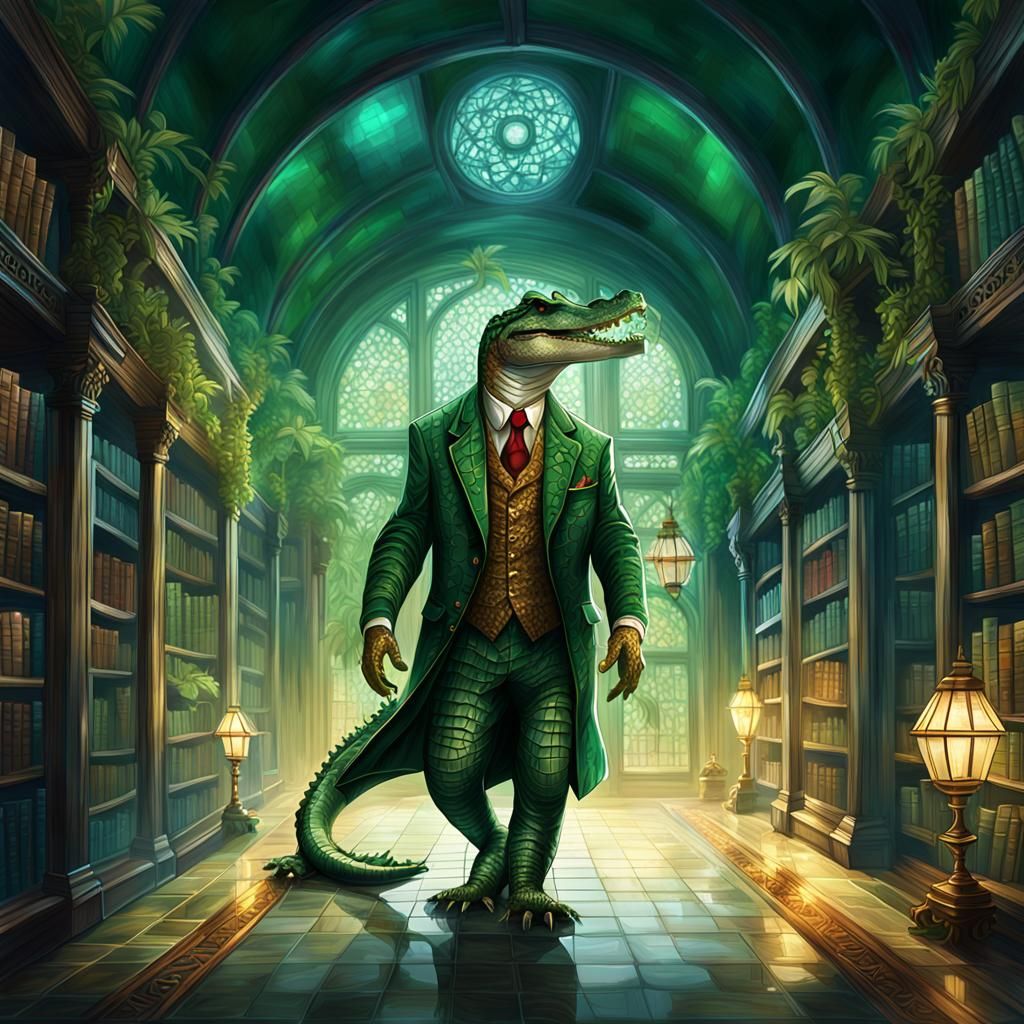Crocodile in Suit in Fantasy Library