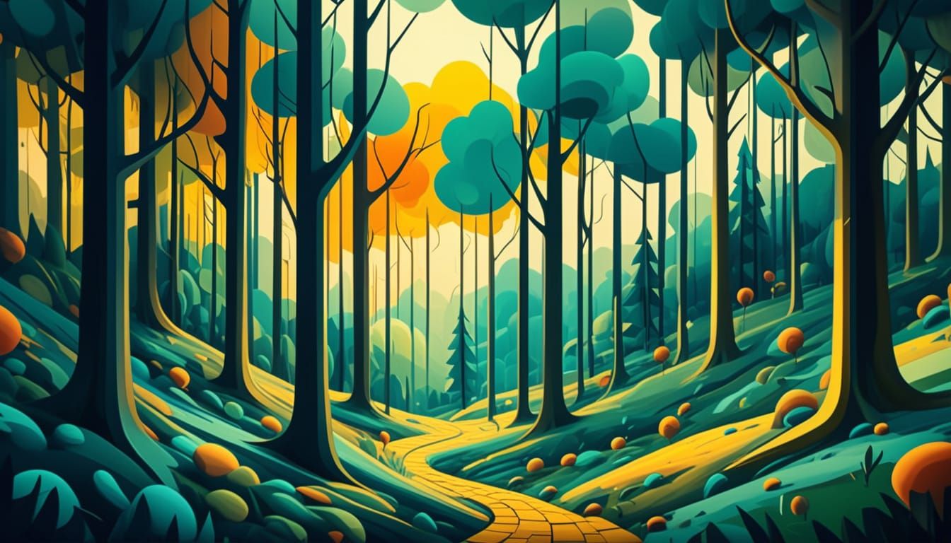Surreal Forest Landscape with Cubist Art Style