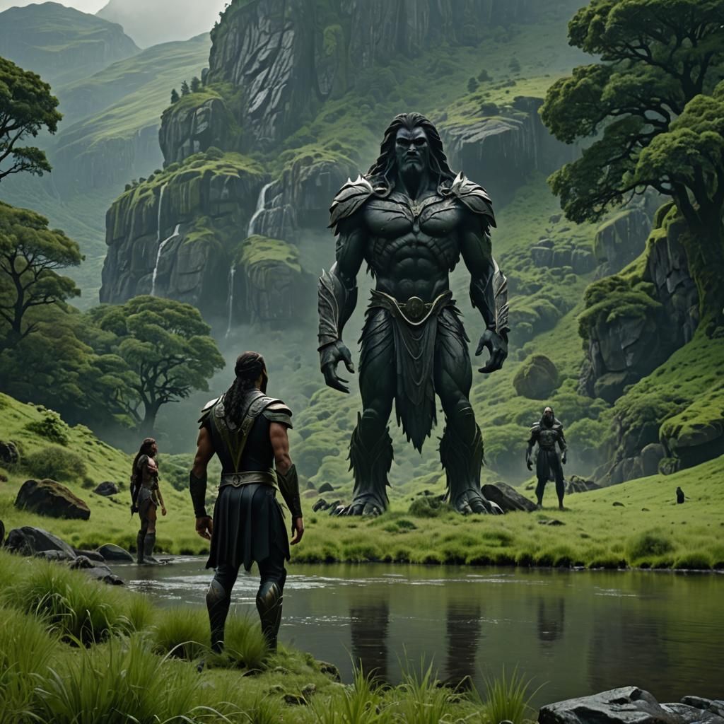 Koires' Giant Gods in Lush Landscape