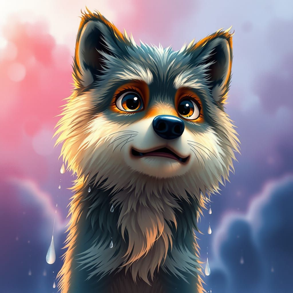 Fluffy Wolf in Rain, Splash Art Style