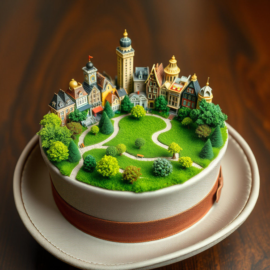 Miniature Cityscape Atop Victorian Hat