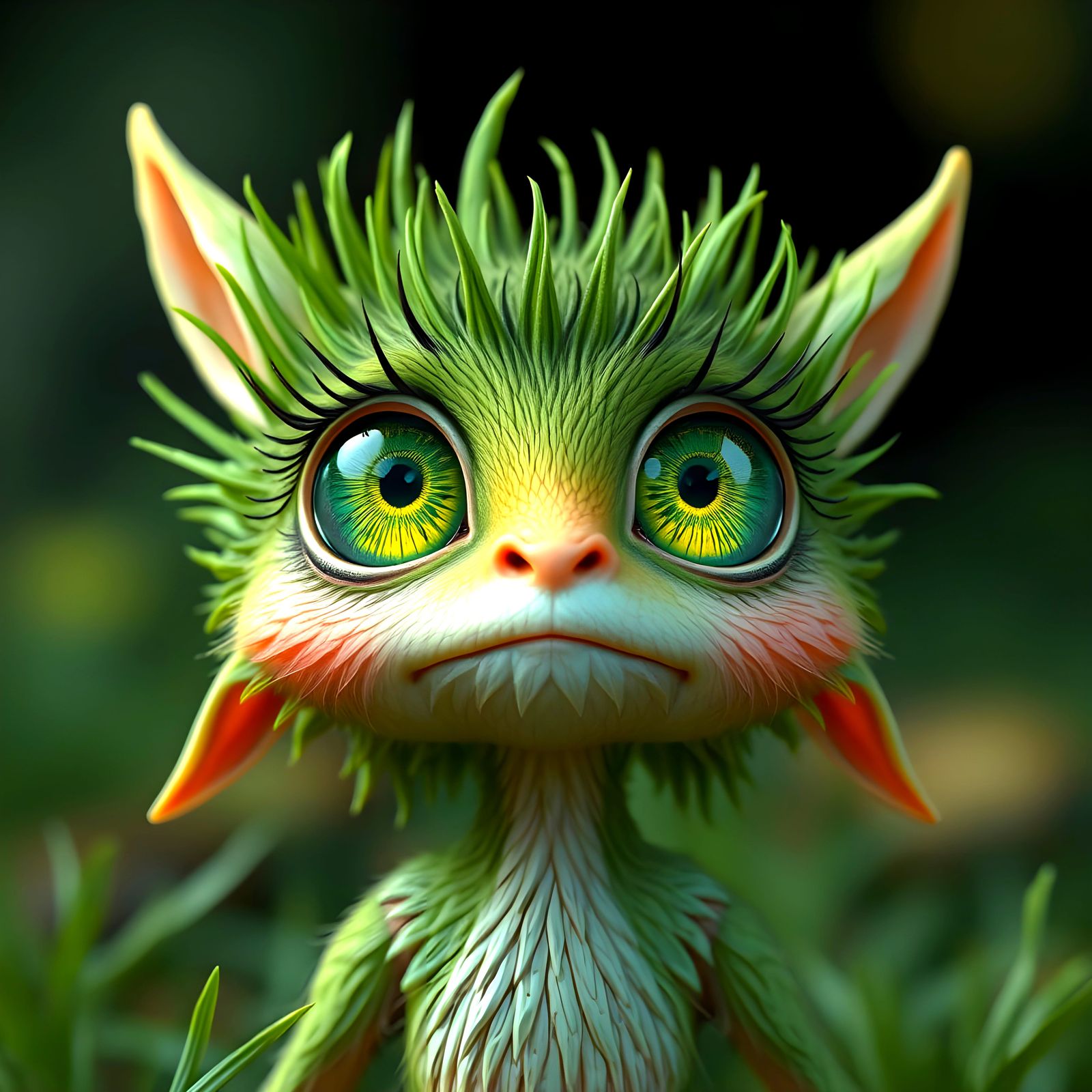 Whimsical Green-Eyed Being in a Fantastical Landscape