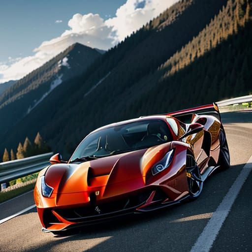 A Ferrari Red Ferrari Dominates a Sunny Mountain Road