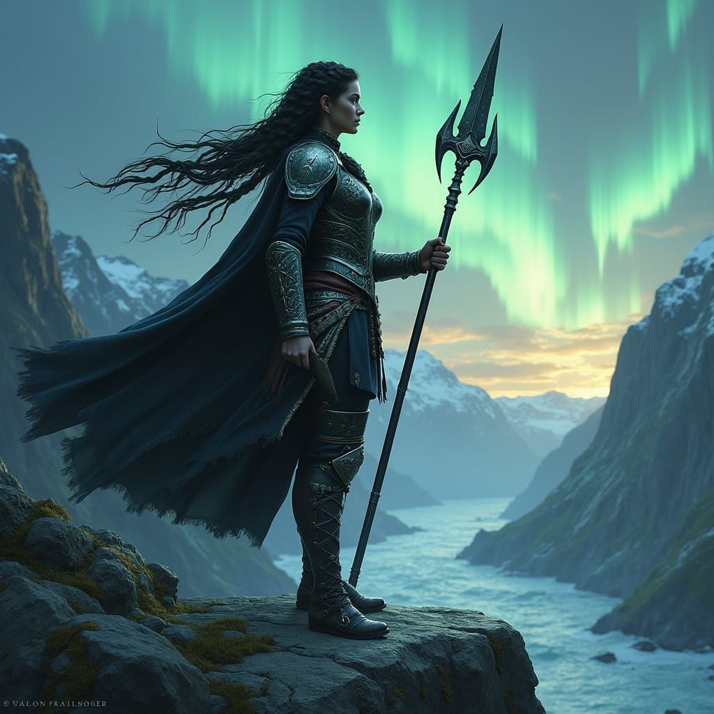 Valkyrie Goddess of War in Dark Fantasy Landscape