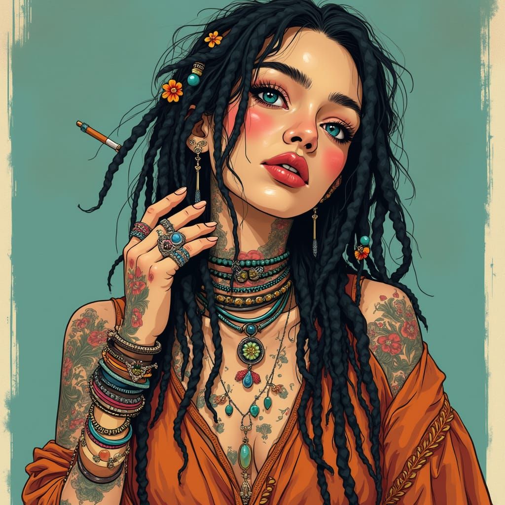 Vibrant Bohemian Goddess with Tribal Tattoos and Colorful Je...