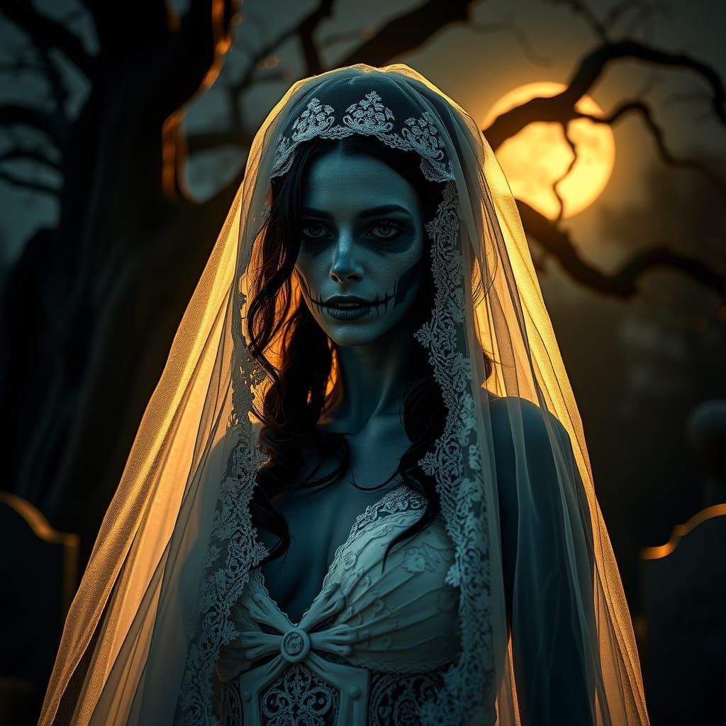 Undead Bride in Graveyard: Dark Film Noir