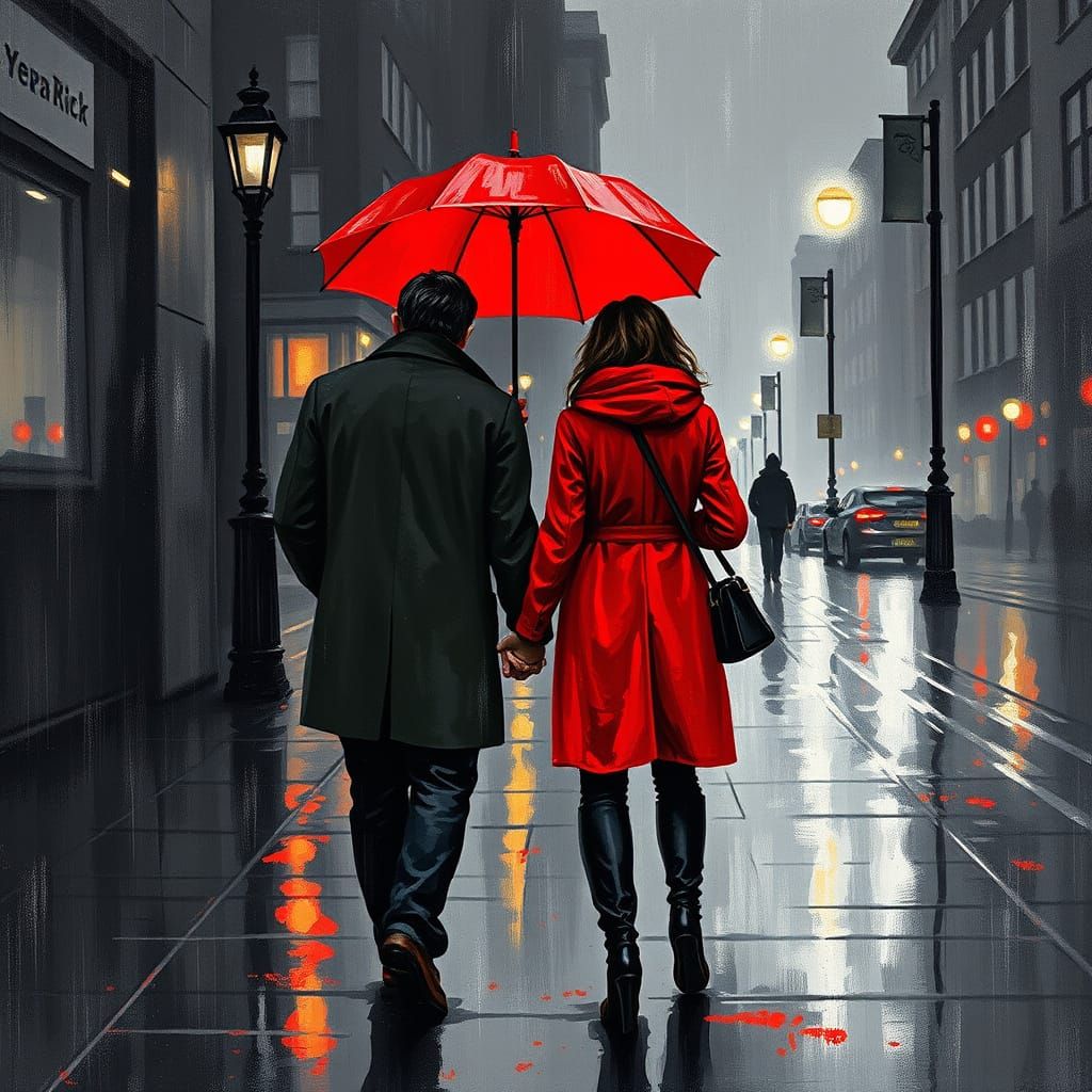 Romantic Couple Strolls Hand in Hand in Rainy Night