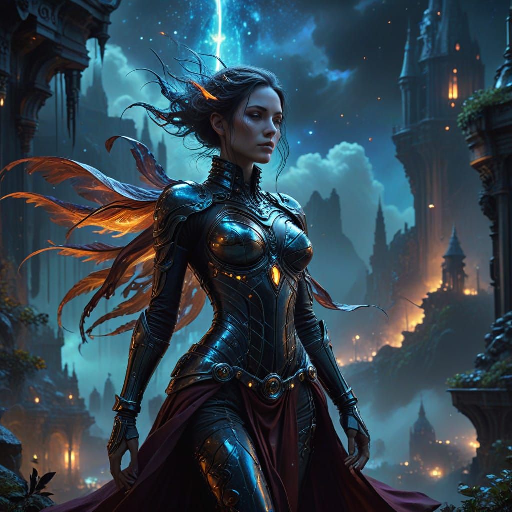 Dreamlike Fantasy Scene in Cyberpunk Aesthetic