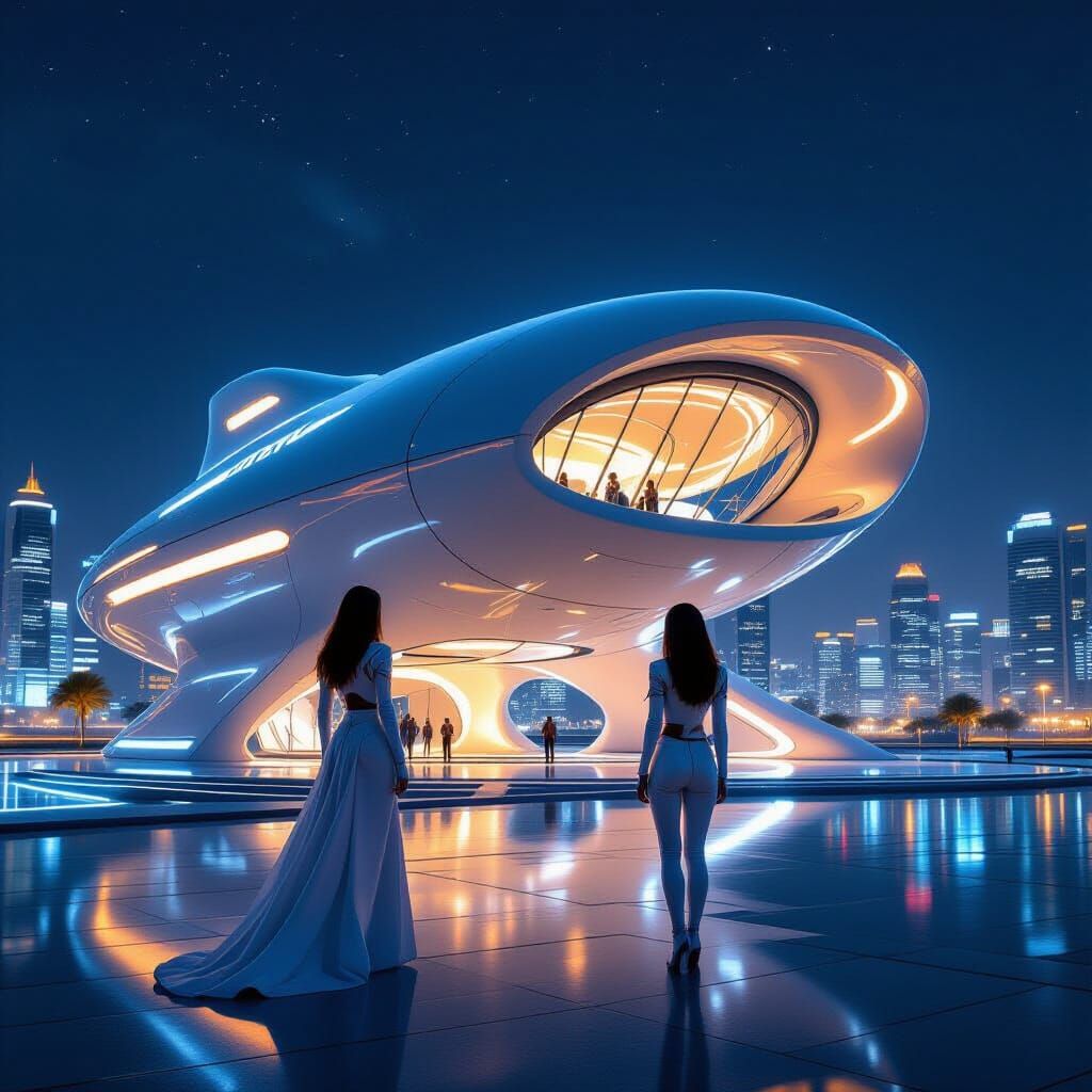 Futuristic Spaceship Building in Haifa at Night