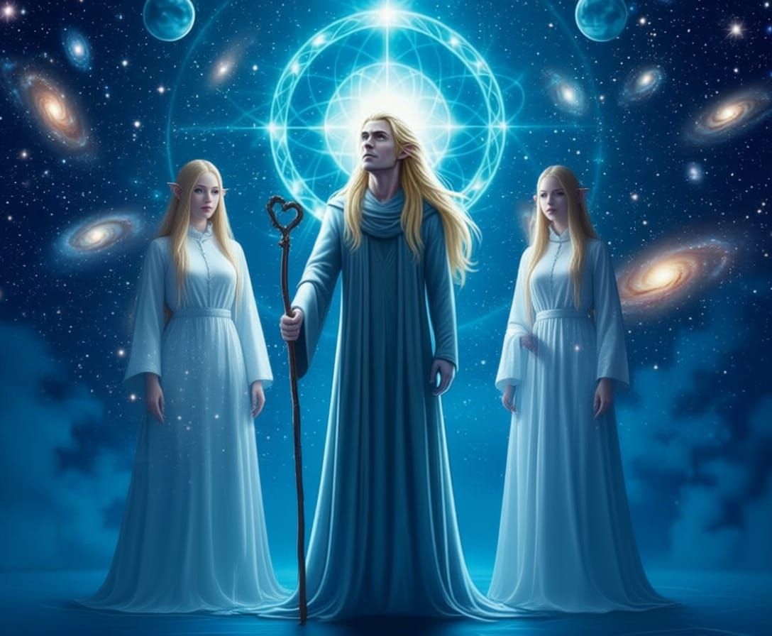 Three Ethereal Figures in Cosmic Blue Light