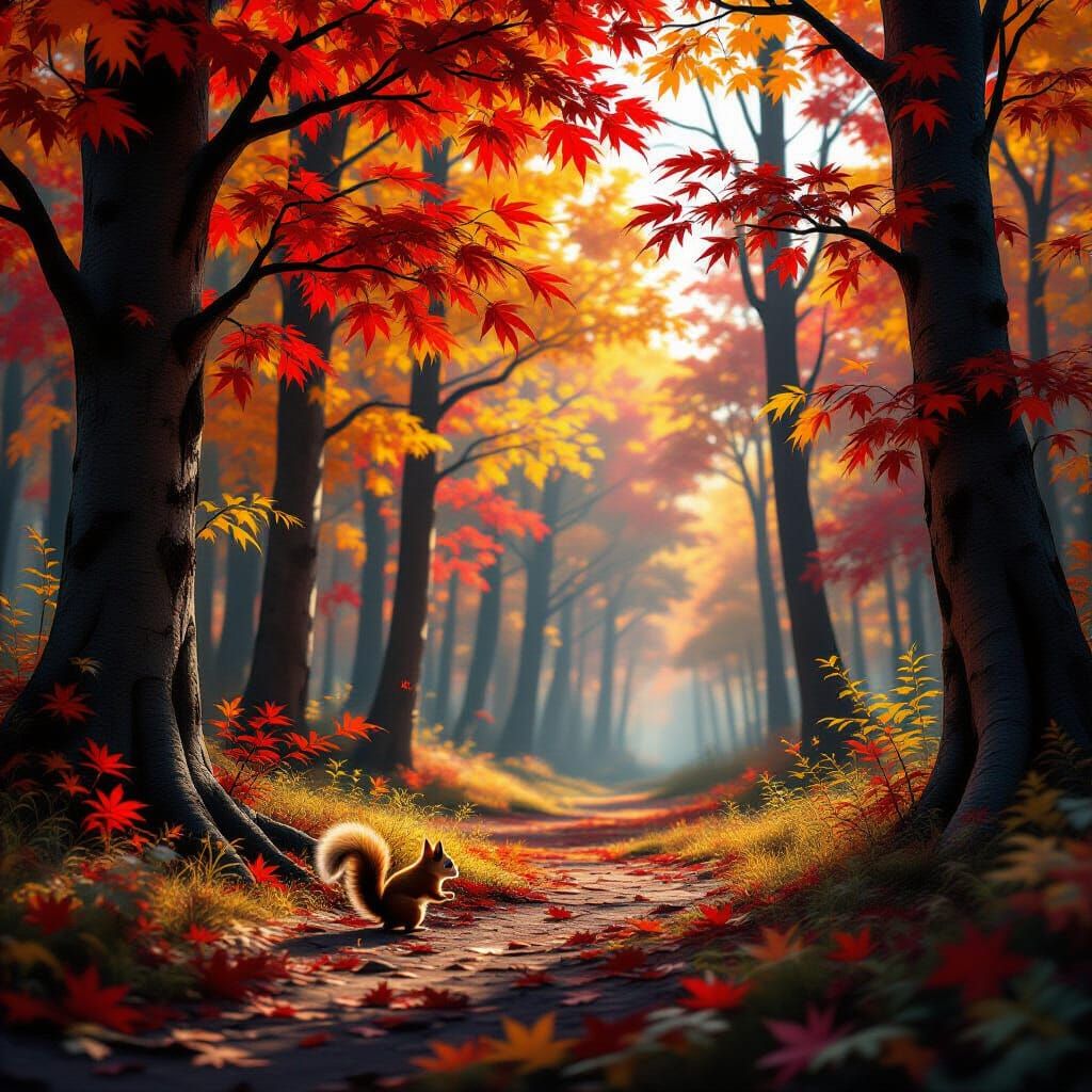 Vibrant Autumn Forest with Squirrel in Matte Painting Style