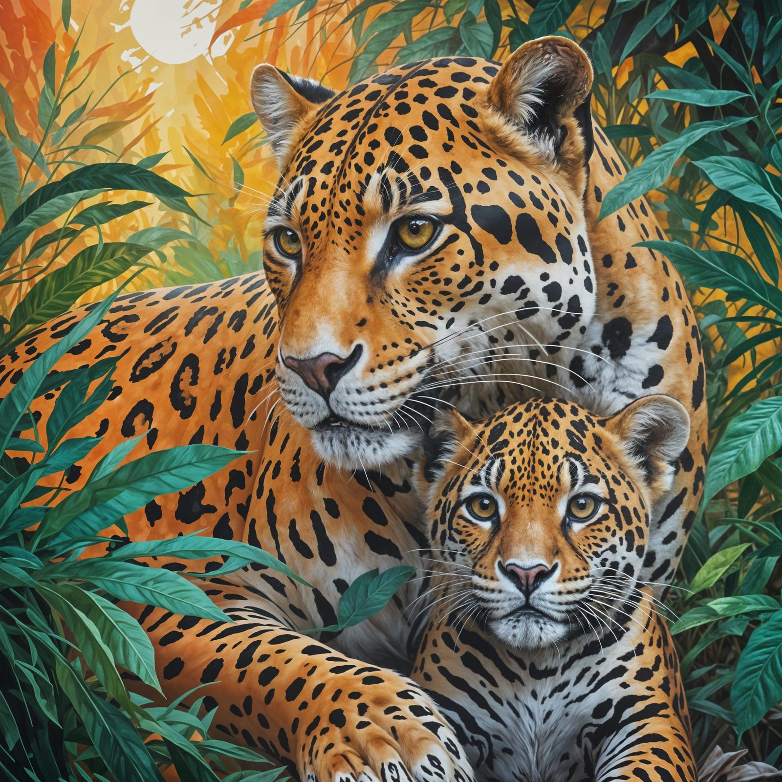 Jaguar Mother and Cub in Colorful Painting