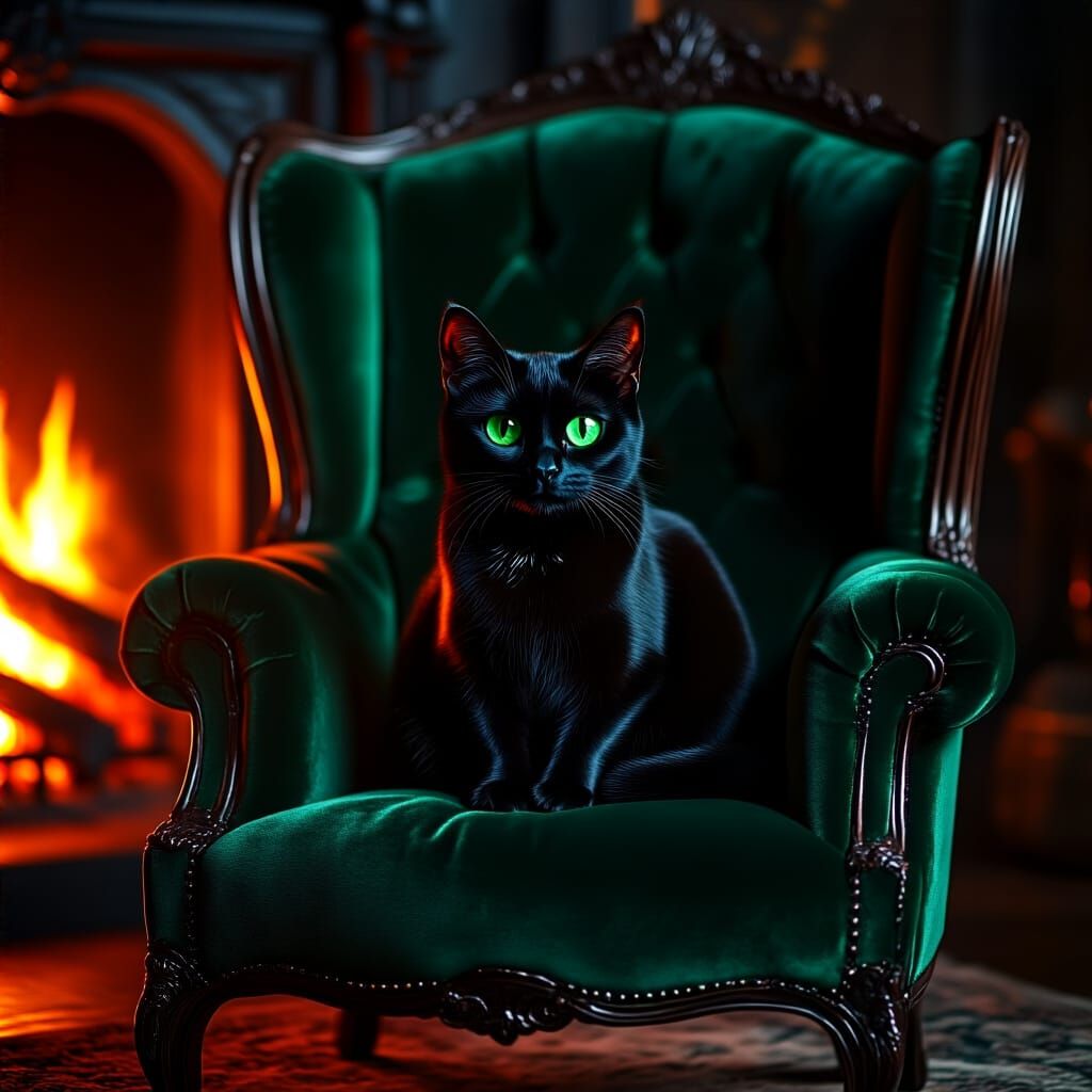 Black Cat with Green Eyes in Velvet Chair, Firelight Glow
