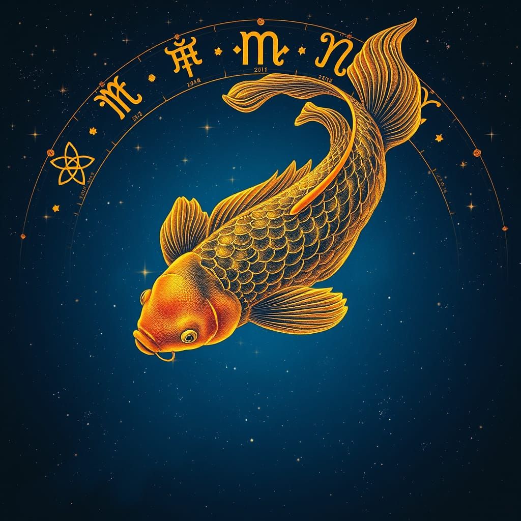 Majestic Koi Fish in Golden Lines Over Royal Blue Night Sky