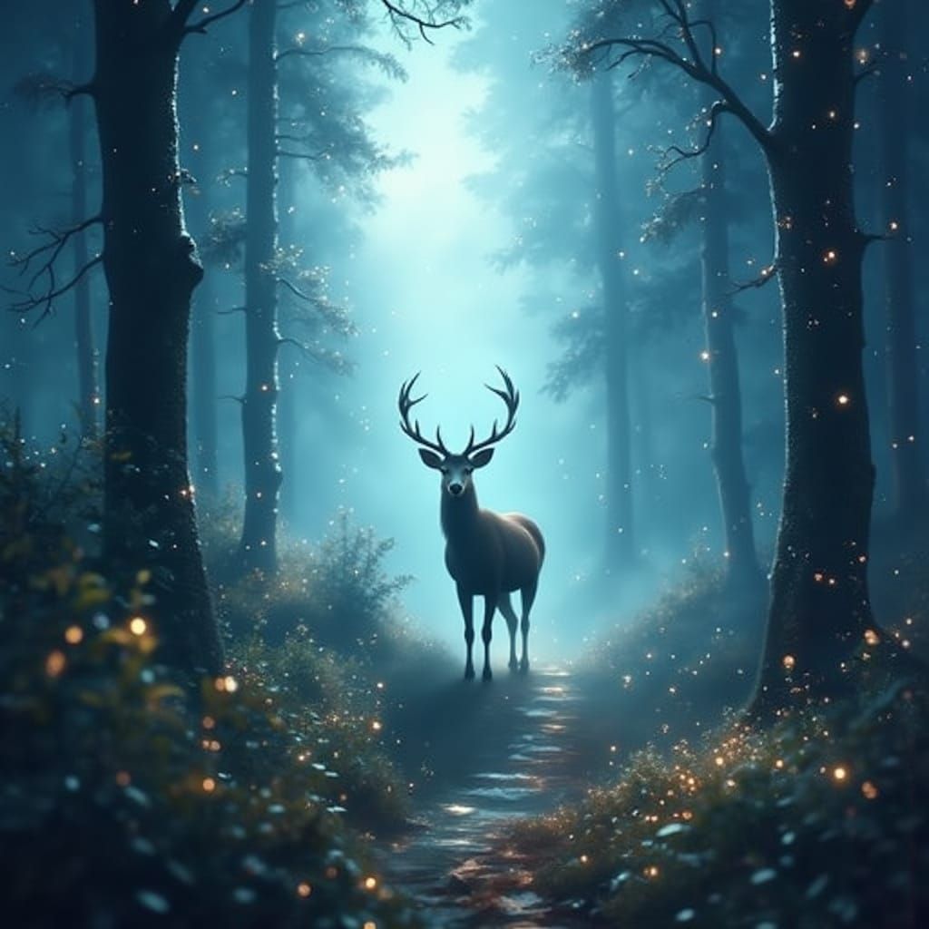 Ethereal Deer in Foggy Forest, Luminous Style