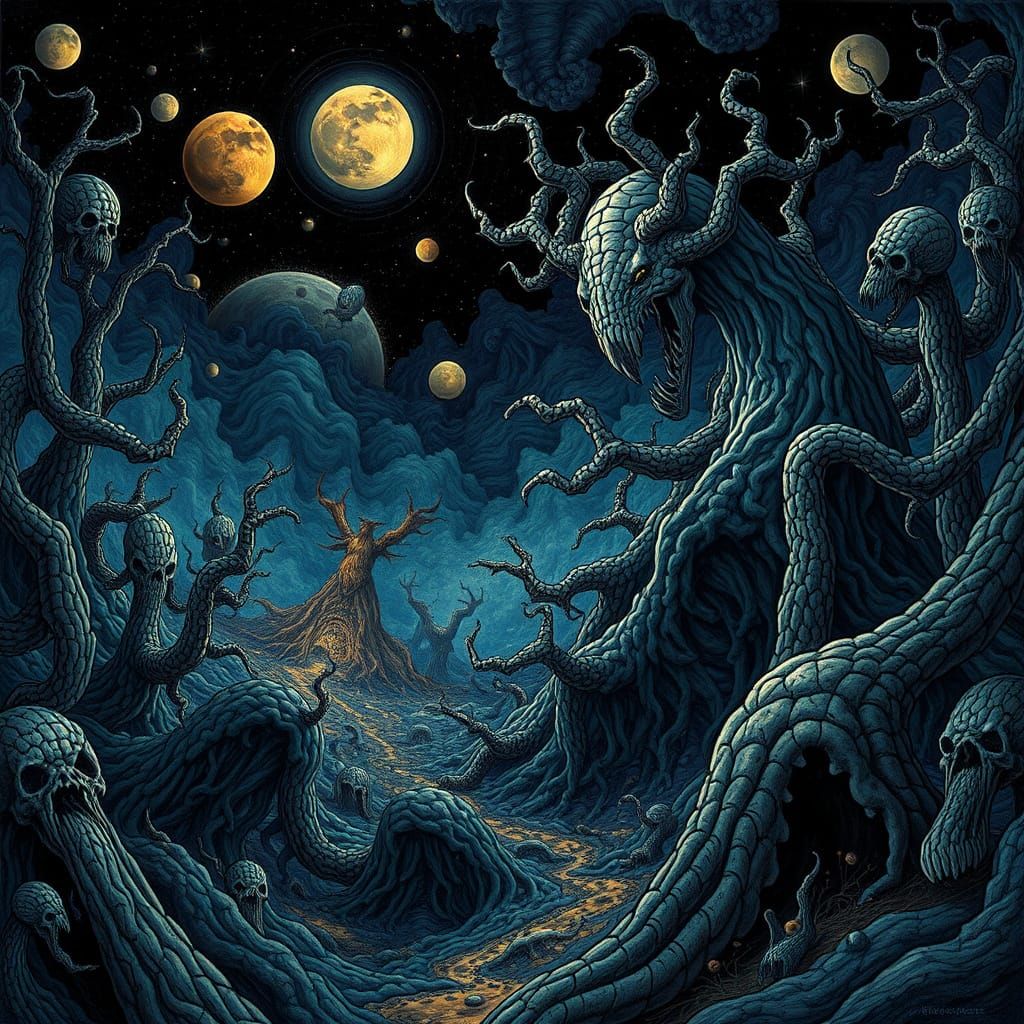 Grotesque Surrealistic Scenes in Abstract Vector Fractal Sty...