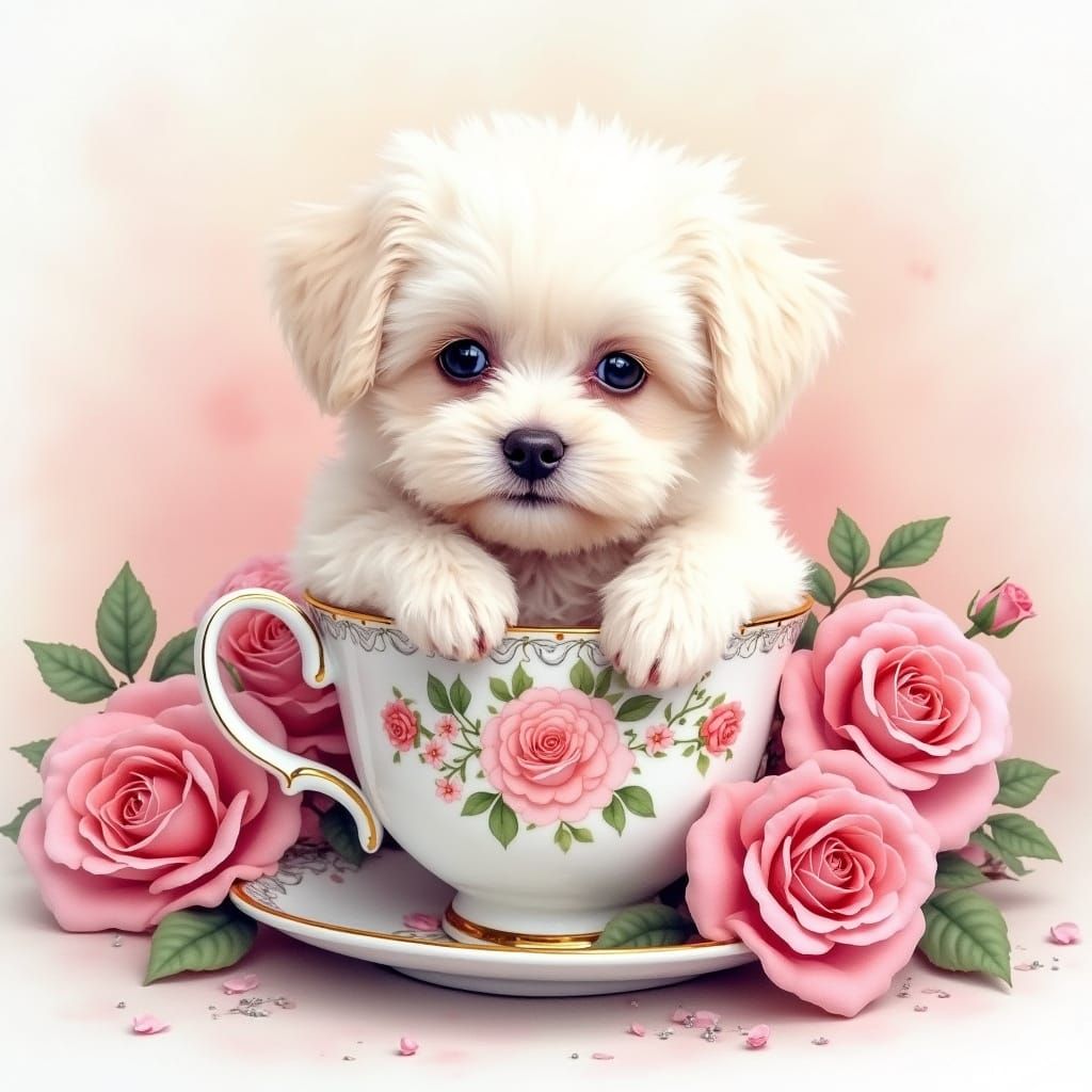 Fluffy Bichon Puppy in Teacup with Roses