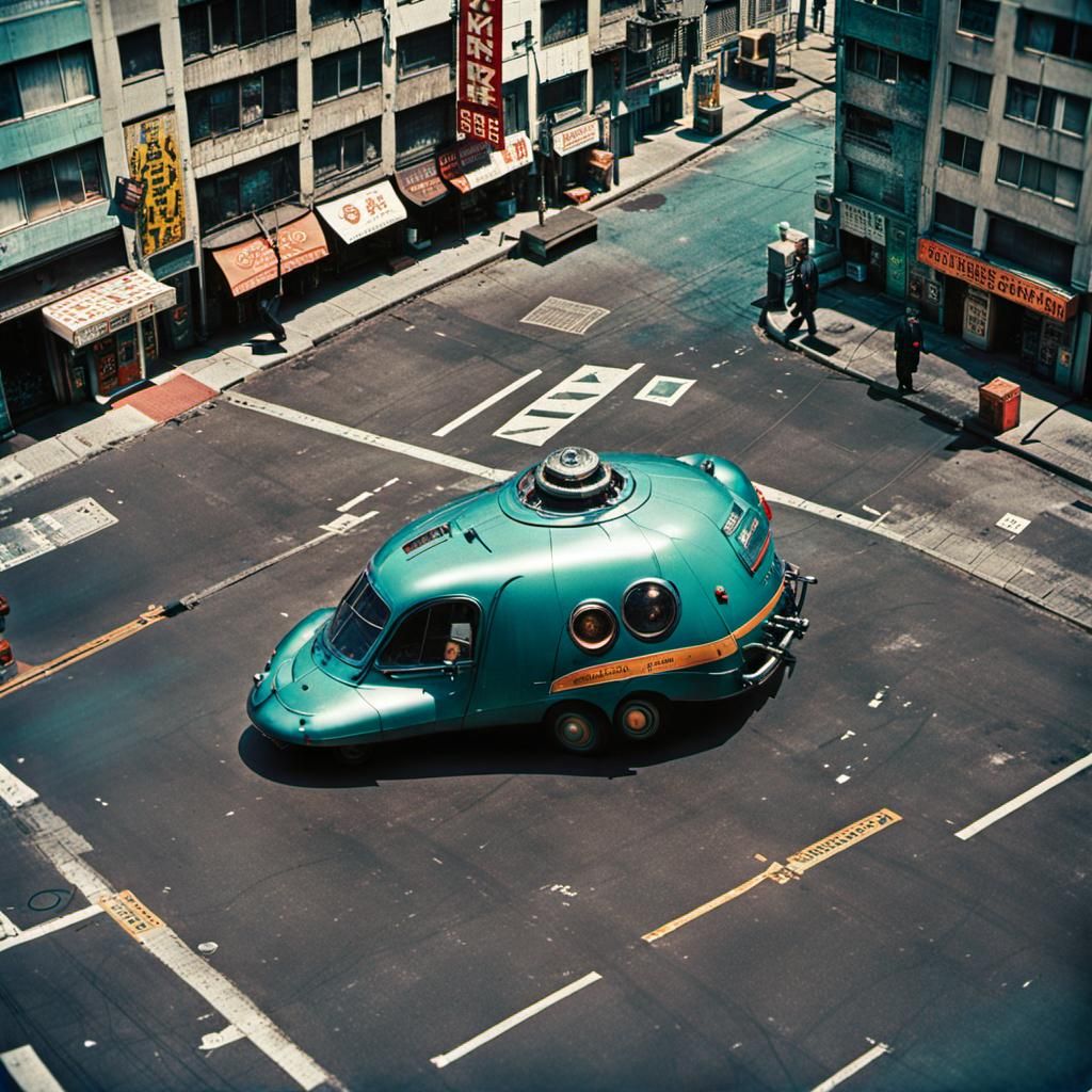 Machinepunk Monster in Cyberpunk City, Grainy Photo