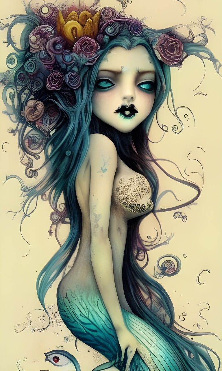 Macabre Mermaid in Graveyard, Liquid Ink Illustration