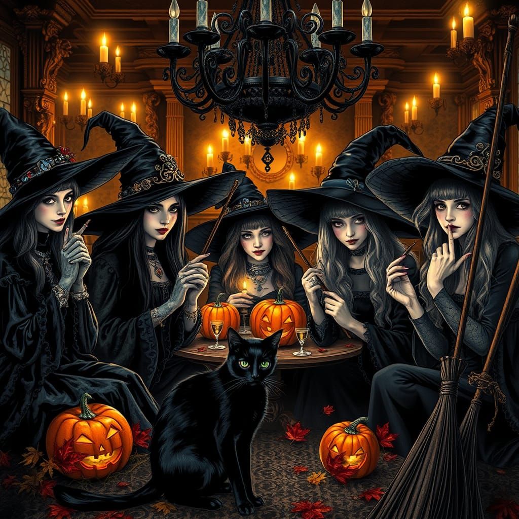 Mystical Halloween Gala: Witches in Ink Art Style