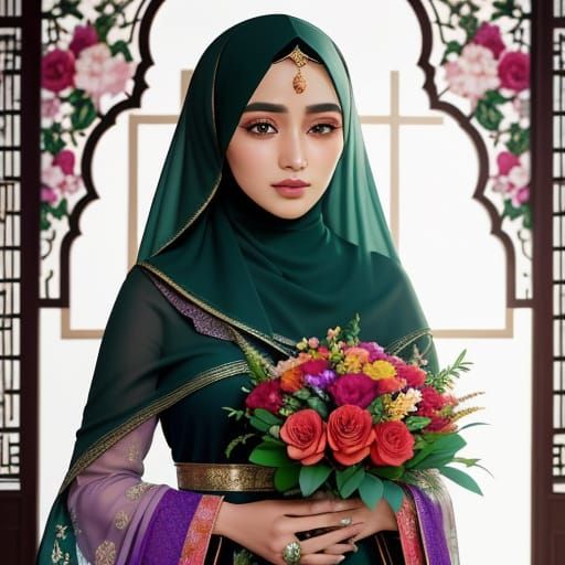 Floral Portrait of Woman with Hijab in Renaissance Style